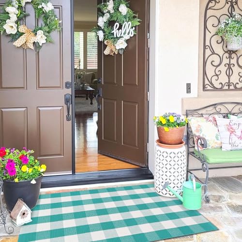 Ckorzen Green and White Plaid Rug, 28" x 43" Spring Outdoor Front Porch Door Decor Mat, Washable Cotton Woven Farmhouse Area Rug for Layered Door Mats Carpet, Entryway, Easter Décor - color: Green & White, size: 2'4" x 3'7" (Rectangular)