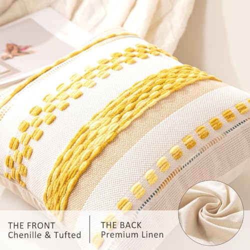 Boho Throw Pillow Covers 18x18 Set of 2 Farmhouse Decorative Cushion Case Striped Square Pillows Cover Chenille Pillow Cases Accent Neutral Pillowcase for Sofa Couch Bed,Yellow - color: Yellow Stripe