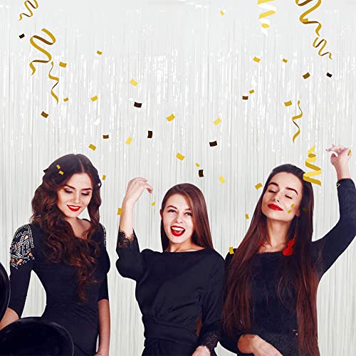 3Pcs White Metallic Tinsel Foil Fringe Curtains, 3.28ft x 6.56ft White Photo Booth Backdrop Streamer Curtain,Photo Booth Props, Bachelorette Party Supplies, Birthday, Christmas,New Year Decorations - color: White