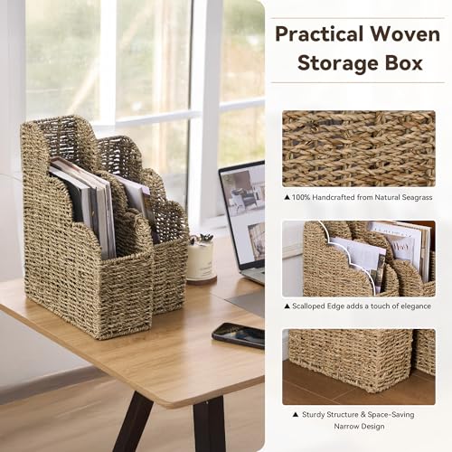 BROWNLILY Scalloped Magazine Holder Set of 2 - Natural Handwoven Seagrass Book Baskets for Bedroom, Bathroom, Living Room, Home, Office - Home Organization and Storage