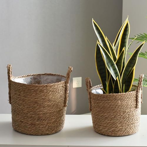 Woven Plant Basket - Straw Flowerpot, Decorative Holder with Handle, Indoor Outdoor Accessory with Stylish Design, Home Garden Tool for Balcony Yard Patio Pathway Lawn Display
