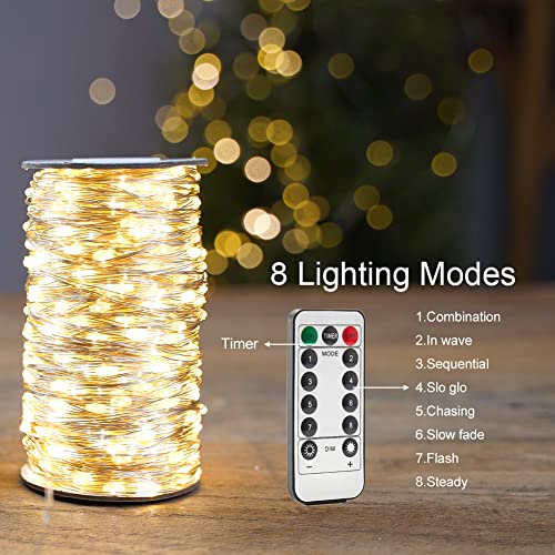 Plug in Fairy Lights 100FT 300 LED Waterproof Silver Wire LED Twinkle String Lights with Remote for Living Room Bedroom Patio Porch Garden Christmas Tree Wedding - color: Warm White, size: 100FT 300LEDs