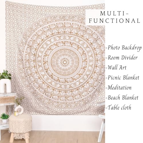 RAJRANG King Size Mandala Tapestry Golden for Bedroom and Living Room Wall Hanging Cotton Tapestries 90 x 108 Inches - color: Golden, size: 90"L x 108"W