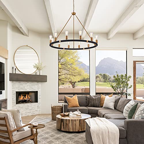 12-Lights Wagon Wheel Chandelier Bohemia Black Hand Woven Rattan Chandelier Farmhouse Large Brass Pendant Light for High Ceilings Living Room Dining Room, Dia 42 Inch, UL Listed - color: Brass&Black