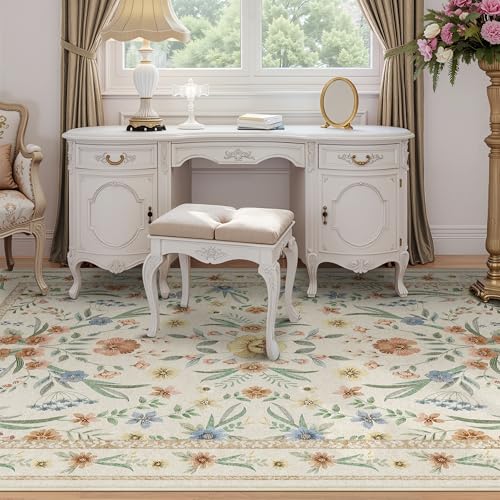 Beige Floral Area Rug 5x7,Neutral Washable Girls Bedroom Rug for Nursery, Playroom or Kids Room,Soft Non-Slip Carpet for Baby Room and Modern Home Decor - color: Beige, size: 5' x 7' (Rectangular)