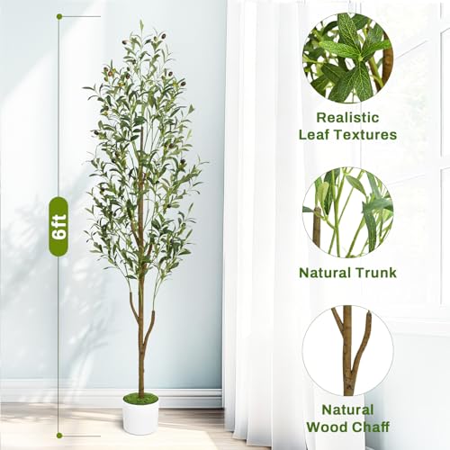 Waipfaru Artificial Olive Tree, 6FT Tall Faux Olive Trees with Planter & Basket, Artificial Plants Indoor with Natural Wood Trunk and Realistic Fruits for Home Decor Office Living Room