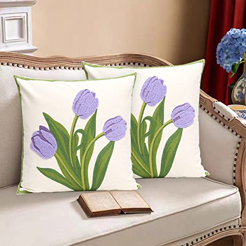 Pack of 2 Embroidered Decorative Throw Pillow Cover 18x18 Inch Farmhouse Floral Pillowcase for Living Room Sofa Bed (Purple Tulip) - color: Purple Tulip