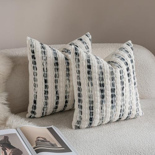 Caflife Boho Throw Pillow Covers 18x18 Inch Set of 2, Farmhouse Black Striped Textured Chenille Decorative Couch Pillow Cases, Rustic Accent Cushion Covers for Sofa Bed Living Room Bedroom - color: Black, size: 18" x 18" (Pack of 2)