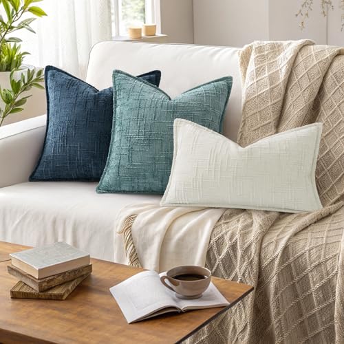 decorUhome Chenille Throw Pillow Covers 24x24 Set of 2, Soft Textured Slubby Modern Decorative Pillow Covers with Elegant Design for Couch, Sofa, Living Room, Navy Blue - color: Navy Blue, size: 24" x 24" (Pack of 2)