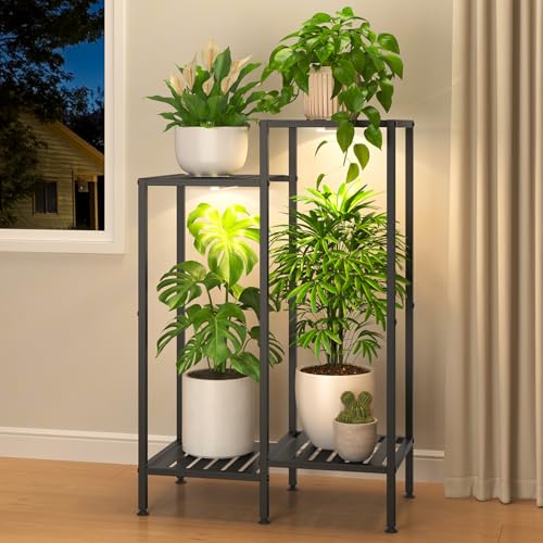 iDavosic.ly Indoor Plant Stand with Grow Light, Metal 4 Tier Corner Flower Holder Shelf Outdoor for Large Pots, Tall Rack for Patio Porch Balcony Living Room, Black - color: Black with Light, size: 4 Tiers