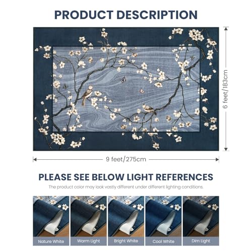 6x9 Area Rugs for Living Room Bedroom, Oriental Floral Birds Print Washable Rug, Soft Low Pile Non Slip Carpet for Dining Room Kids Room Farmhouse Office Home Decor, Blue - color: Blue, size: 6' x 9' (Rectangular)