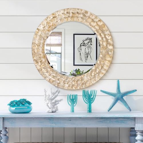 Round Shell Wall Mirror, 30'' Handmade Natural Capiz Shell Gold Framed Decorative Wall Mount Mirrors, Coastal Boho Circular Accent Mirror for Bathroom Bedroom Entryway Home Wall Decor - color: Gold, size: 30"L x 30"W