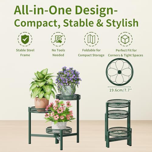 Plant Stand Indoor Outdoor, 3 Tier Corner Metal Flower Display Holder Shelf, Folding Tall Plant Rack for House Patio Balcony Porch Garden Living Room, Heavy Duty Anti-Rust Wrought Iron - GreenFlower - color: GreenFlower, size: 3-tiers