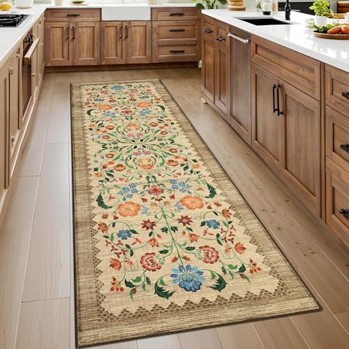 GarveeHome Floral Rug 2.5x8 Runners for Hallways, Boho Kitchen Runner Rugs Non Slip Bath Runners, Vintage Washable Runner Rug for Bedroom, Soft Long Rugs for Entryway Bathroom Laundry Dorm, Beige - color: C Brown, size: 2'6" x 8' (Runner)