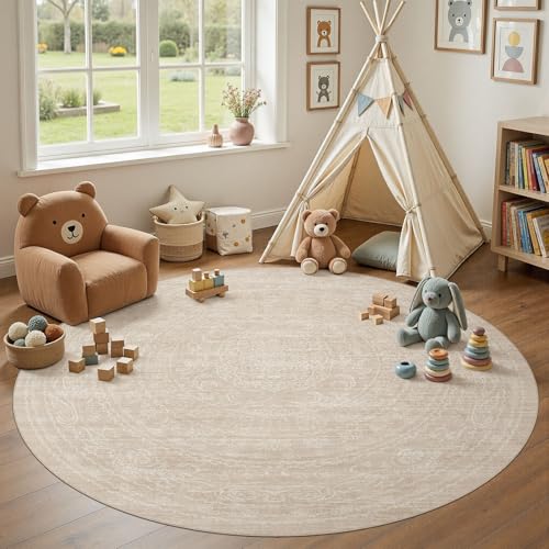 6ft Round Rug Living Room: Washable Large Vintage Neutral Area Rug Non-Slip Soft Stain Resistant Indoor Carpet for Bedroom Nursery Dining Room Under Table Bed Home House Office Playroom - Beige - color: Beige, size: 6' (Round)