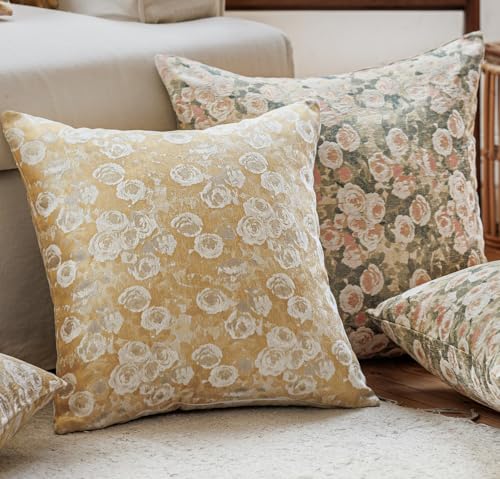 Spring Floral Woven Pattern Throw Pillow Cover Decorative Vintage Farmhouse Home Decor Textured Cushion Case for Couch Sofa Bed Living Room Bedroom (Yellow, 18x18 (Pack of 1)) - color: Light Yellow, size: 18" x 18" (Pack of 1)