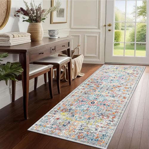 Pauwer Boho Hallway Runner Rug 2x5 Washable Entryway Area Rugs Non Slip Farmhouse Vintage Floor Mat Carpet Runner for Hallways Laundry Room Kitchen Bathroom Bedroom - color: Grey Multi, size: 2' x 5' (Runner)