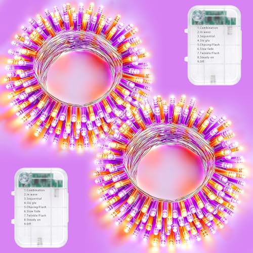 Pooqla 2 Pack Halloween String Lights Battery Operated, Total 66.6ft 200 LED Fairy Lights Indoor Outdoor Decorations, 8 Modes Orange Purple Battery Lights for Porch Party Halloween Decorations - color: Orange and purple, size: 100 LED x2