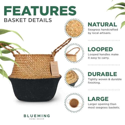 Blueming Large Seagrass Planter Basket – Wicker Planter Pot for Olive Trees, Faux Plants, or Snake Plant, Woven Rattan Planters for Modern Home Decor (Black Bottom, Large) - color: Black Brown, size: Large