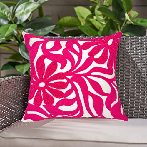 Alysheer Farmhouse Floral Leaves Embroidered Decorative Throw Pillow Cover 18x18 inches, Boho Tufted Flowers Embroidery Pattern Chic Cotton Cushion Case for Couch Bed Sofa Living Room(Bright Hot Pink) - color: Hot Pink Floral, size: 18" x 18" (Pack of 1)
