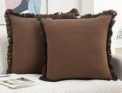 NUYECY Set of 2 Natural Linen Fringed Throw Pillow Covers,Chocolate Neutral Decorative Pillowcase with Chic Tassel Burlap Boho Square Cushion Covers for Couch Sofa Farmhouse,18x18 inches - color: Chocolate, size: 18" x 18" (Pack of 2)