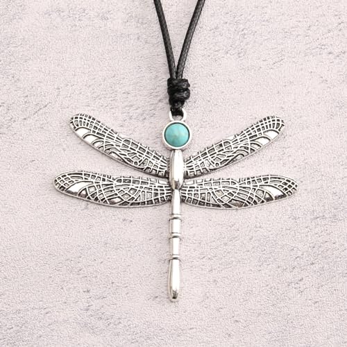 Leather Necklace for Women Long Boho Pendant Hippie Choker Necklace Bohemian Layered Leather Rope Wooden Jewelry Gifts - style: Dragonfly Necklace Silver