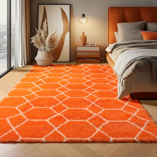 ONASAR Area Rugs for Bedroom Living Room, 4x6 Fluffy Orange and White Throw Rug, Geometric Soft Shaggy Fuzzy Plush Indoor Floor Carpet for Kids Teen Nursery Dorm Office Home Decor Aesthetic - color: Orange / White, size: 4' x 6' (Rectangular)