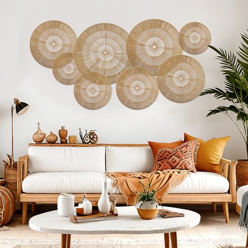 YIYA Set of 8 Boho Wall Decoration Jute Wall Decor Baskets Round Hand Woven Wicker Rattan Wall Art for Living Room Farmhouse Bedroom Nursery