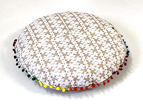 Round Mandala Floor Pillow Cover Seating Cushion Throw Cover Hippie Decorative Bohemian Ottoman Pouf Cover, Pom Pom Pillow Cases,Boho Indian 22 Inches (White Gold) - color: White Gold