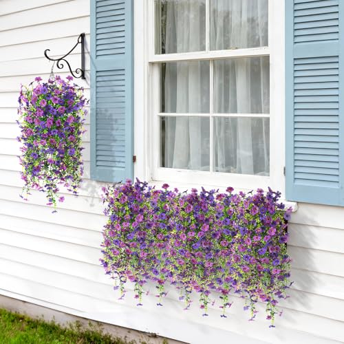 INQCMY Artificial Hanging Flower Baskets for Spring Outdoor Decoration Fake Plants UV Resistant Faux Silk Daisy with Eucalyptus Leaves Realistic Look for Home Porch Patio Yard - color: Deep Purple