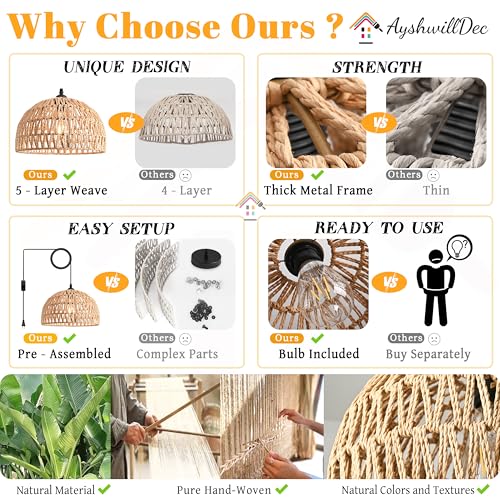 Brown Rattan Light Fixture 15ft Plug In Pendant Light Woven Pendant Light Boho Chandelier Wicker Pendant Light Boho Pendant Light Plug In for Dining Room Kitchen Island Bedroom(Bulb Incl.) - color: 12.2" Natural Plug In
