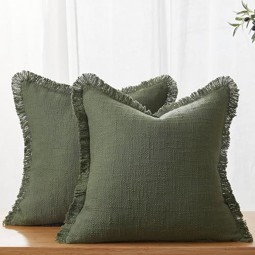 Decorative Throw Pillow Covers Set of 2,18x18 Inch Boho Farmhouse Cushion Covers with Tassels Natural Fringe Design for Couch Sofa Living Room Decor(Green, 18"x18"(Pack of 2)) - color: Green