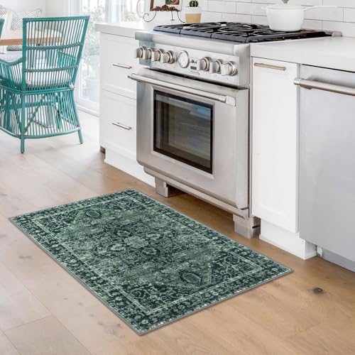 KOZYFLY Small Area Rug 2x3 Ft Rugs for Entryway Washable Boho Entry Rug Non Slip Door Mat Indoor Entrance Faux Wool Vintage Printed Kitchen Rug Throw Rugs for Entrance Kitchen, Dark Green - color: Dark Green, size: 2' x 3' (Rectangular)