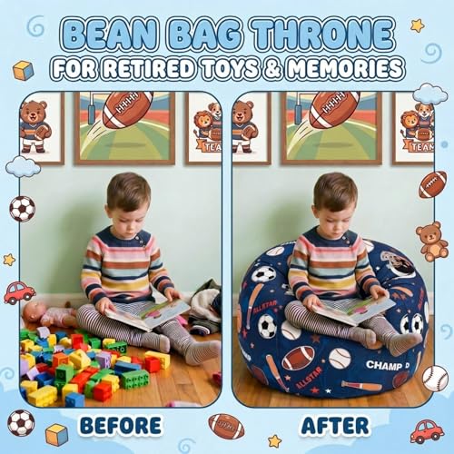 Boao 27'' Large Balls Kids Bean Bag Chairs Cover (No Filling) Washable Stuffed Animal Storage Beanbag Chair for Kids Canvas Bean Bag Cover with Zipper for Boys Organizing Plush Toys Textile Sack - color: Balls, size: 27 Inches