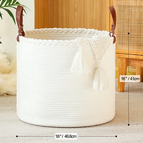 KAKAMAY Large Blanket Basket (18"x16"),Woven Baby Laundry Hamper,Cotton Rope Blanket Basket for Nursery, Laundry, Living Room, Pillows, Baby Toy chest with Leather Handles (White) - color: White