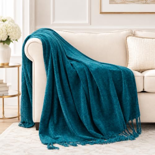 BATTILO HOME Teal Blue Chenille Throw Blanket for Couch, Soft Cozy Textured Knit Throw Blanket with Handmade Fringe Tassels, Lightweight Decorative Farmhouse Blanket for Sofa Bed Chair, 50"x60" - color: Teal