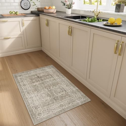 Machine Washable Small Rugs for Kitchen: Door Mat Indoor Entrance 2x3 Throw Rug Stain Resistant Non-Slip Low Pile Soft Carpets for Entryway Front Door Indoor Entrance Entry Bedroom - color: Vintage Grey Beige, size: 2' x 3' (Rectangular)