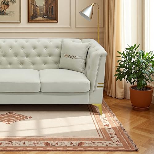 KEIKI 2-Piece Luxury Chesterfield Sofa Set with 2 Oversized Velvet 3-Seater Sofa, Upholstered Modern Style 6-Seater Button Tufted Couch Set with 4 Pillow, Gold Metal Accents, for Living Room, White - color: Cream White, size: 82"+82"
