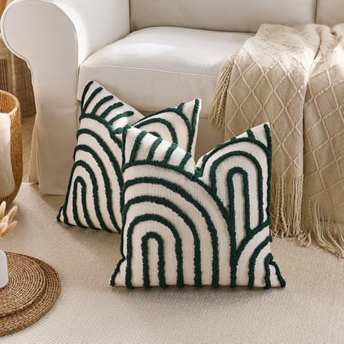 vctops Boho Throw Pillow Covers Set of 2, Modern Mid Century Arched Tufted Decorative Cushion Cover Farmhouse Rustic Geometric Textured Pillowcases for Sofa Bed Living Room (Dark Green,18"x18") - color: Dark Green