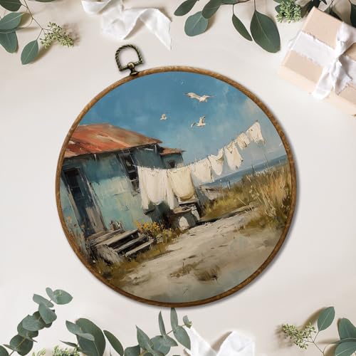 JUIOEIU Vintage Farmhouse Laundry Day Round Wall Decor, Rustic Country Framed Canvas Prints, Coastal Seaside Landscape Wall Art Hanging Decorations for Washroom Bathroom Laundry Room Decor, 10x10in - color: Laundry room09