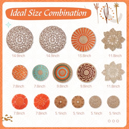 Anglechic 15 Pcs Boho Wall Basket Decor Woven Rattan Seagrass Wall Decor Hanging Rustic Farmhouse Western Art Decoration for Nursery Living Room Bedroom Home Kitchen(Orange Style) - style: Orange Style