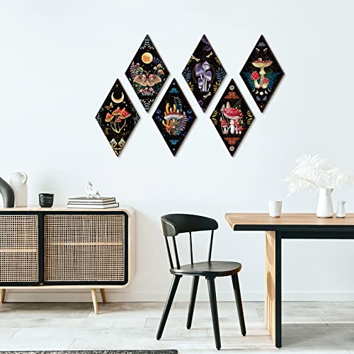 Sintuff 6 Pieces Gothic Wall Decor Boho Sun Moon Phases Wall Art Gothic Minimalist Stars Sun Hanging Wooden Home Decor Farmhouse Pediments for Gallery Living Bedroom Room(Mushroom) - style: Mushroom