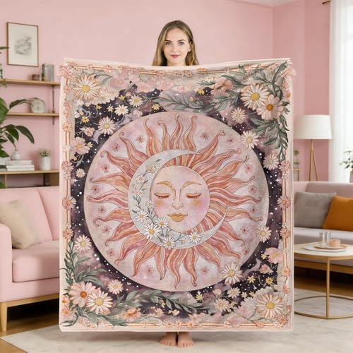 Neasow Sun Moon Daisy Throw Blanket, Boho Aesthetic Floral Blanket, Super Soft Pink Bohemian Decor for Couch Dorm Sofa Room, 50×60 inch - color: Pink Sun and Moon, size: 60"L x 50"W