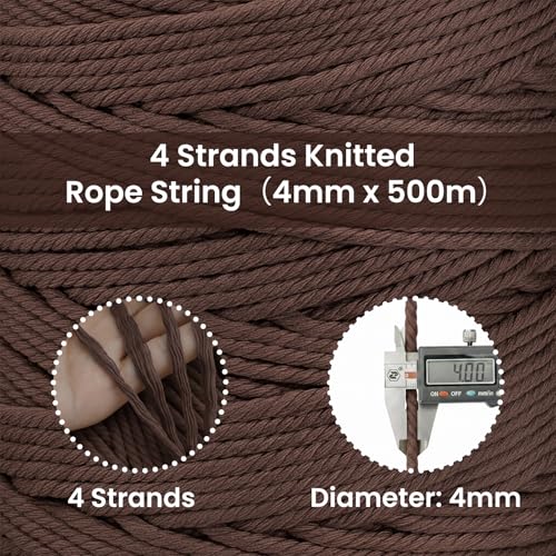 547 Yards Macrame Cord 4 Strand Twisted Recycled Cotton 4mm Brown String for Crafts Wall Hangings Plant Hangers DIY Knitting Macrame Supplies - color: Brown, size: 4mmx547Yards