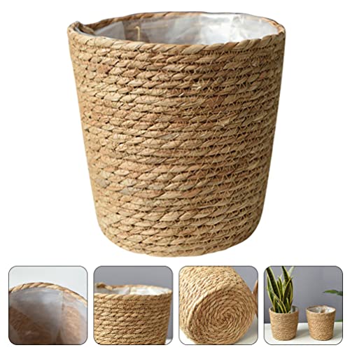 Beavorty Woven Flower Basket Hand Woven Straw Planter with Plastic Liner 8.66 Inch Indoor Decorative Plant Pot for Home Office Garden - size: 22X15CM