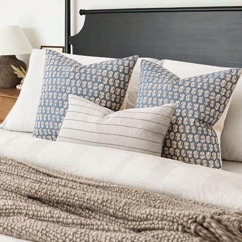Foindtower Set of 2 Decorative Neutral Floral Print Throw Pillow Covers Vintage Accent Farmhouse Cushion Covers Boho Home Decor for Sofa Chair Couch Bedroom Living Room,18×18 Inch,Dusty Blue - color: Lake, size: 18" x 18" (Pack of 2)