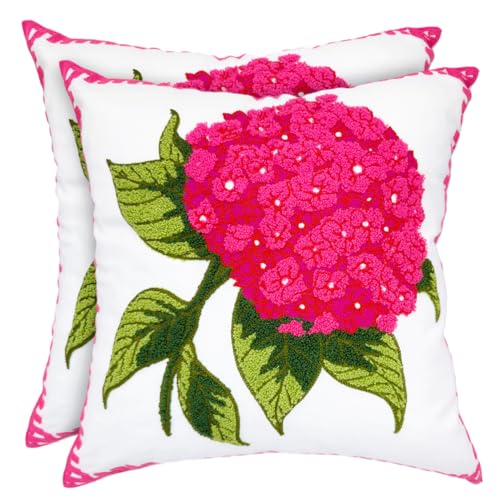 Alysheer Hydrangea Embroidered Decorative Throw Pillow Covers 18"x 18" Set of 2, Summer Floral Tufted Patterned Hot Pink Cotton Cushion Cases for Couch Bed Living Room Decor - color: Hydrangea Hot Pink, size: 18" x 18" (Pack of 2)