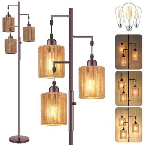 Hotsonic 72" Tall Boho Rattan Style Floor Lamp with Hand-Woven Paper Cord Shade, Dimmable Industrial Tree Standing Lamp for Living Room, Bedroom, Study Room, Office (3 x 800LM Bulbs Included) - Brown - color: Oil-Rubbed Bronze+Light Brown