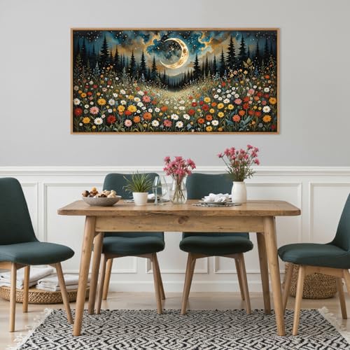HPINUB Wildflower Moon Pine Tree Framed Canvas Wall Art Set,Nature Forest Wall Decor,Mystical Starry Night Artwork Rustic Mountain Landscape Art Print for Living Room,Bedroom,Office-20 x40 - color: Wildflower Moon Wall Art, size: 40"L x 20"W