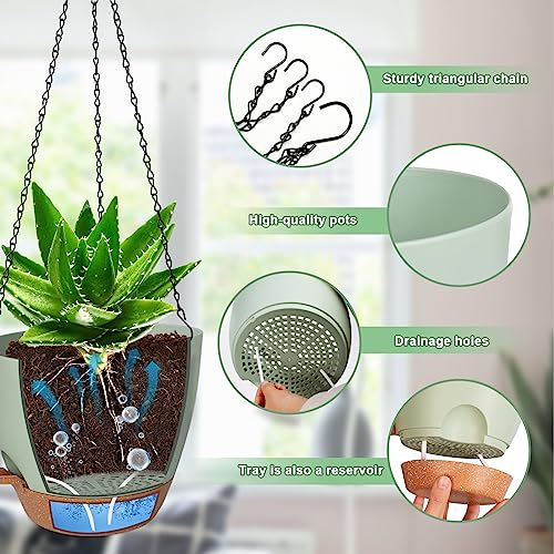 3 Pack Hanging Planter Indoor Outdoor Flower Pots 7/6.5/5 Inch, Self-Watering Hanging Pot with Drainage Holes Hanging Baskets Holder Plant Pots for Garden (Green) - color: Green, size: 7/6.5/5 Inch
